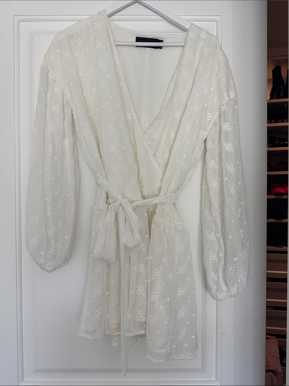 Mink Pink Cream Eyelet Wrap Dress with Waist Tie